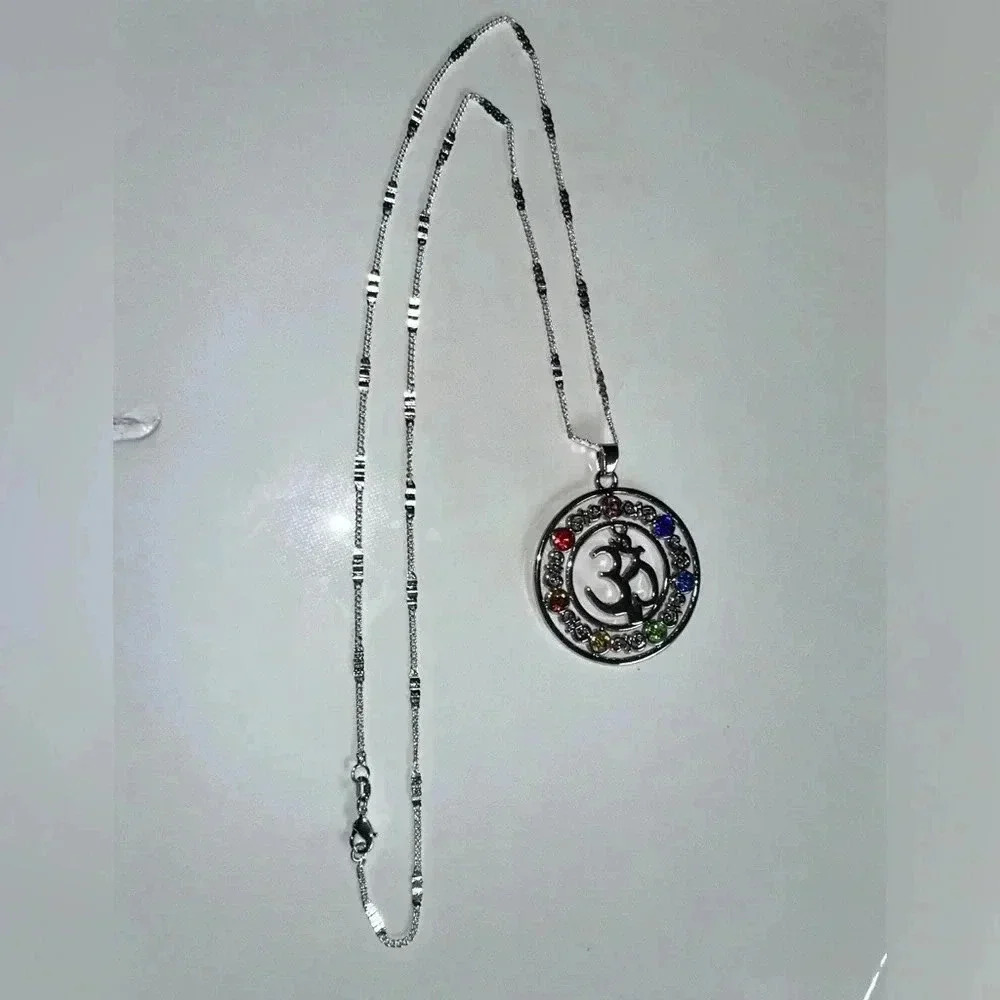 925 sterling silver chain,multi color stone pendant yoga Aum mediation - Picture 13 of 16